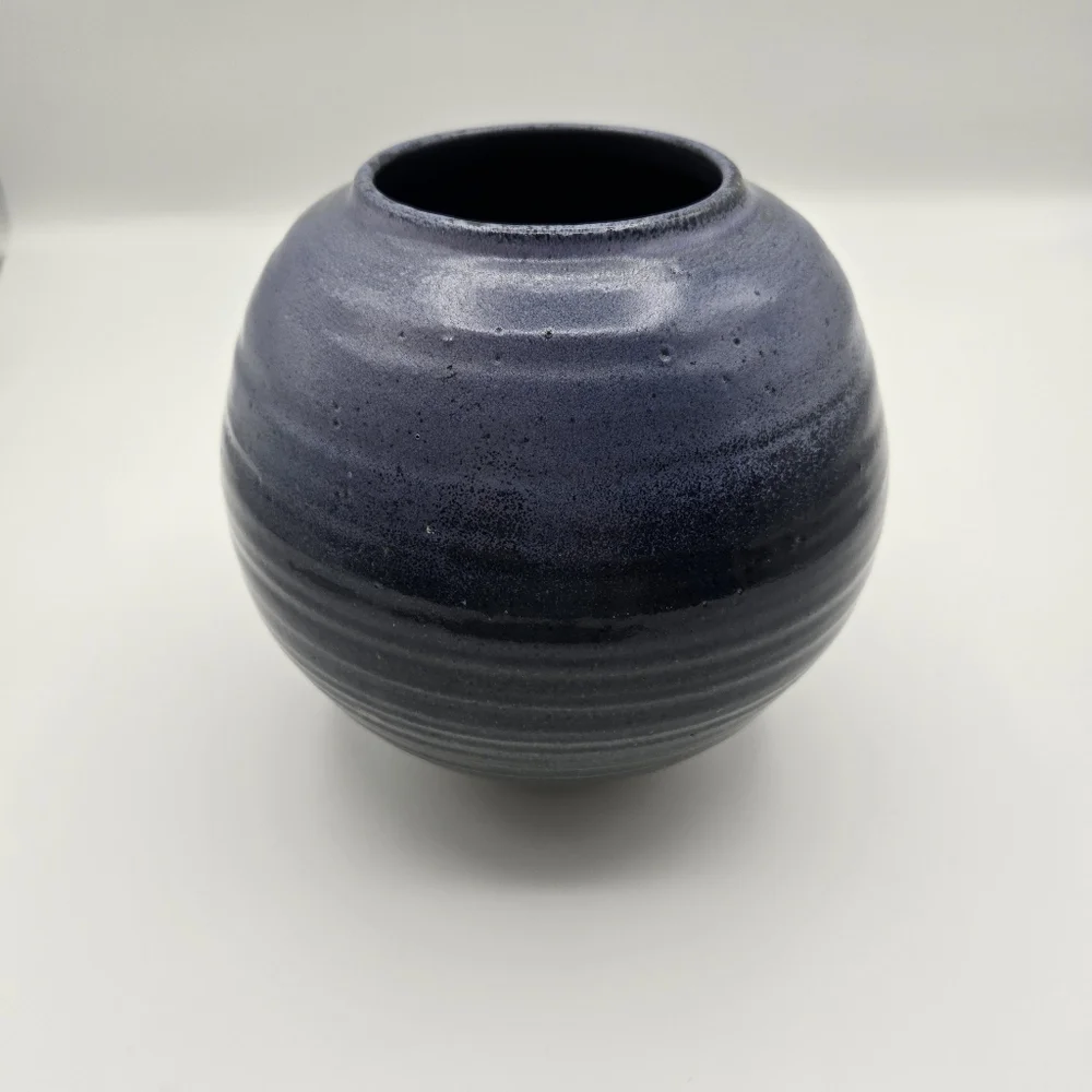 Blue Handmade Hand Thrown Ribbed Carved Rounded Pottery Vase Glazed Signed
